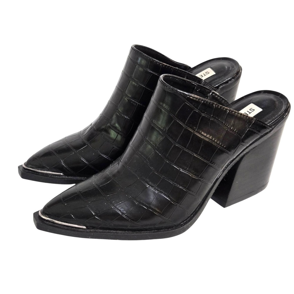 Steve Madden Alanna Mules Womens 7 Black Croc Embossed Silver Tip Block Heel Y2K